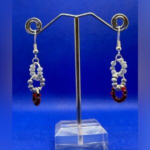 Grey Silver Red Beaded Ring Dangles